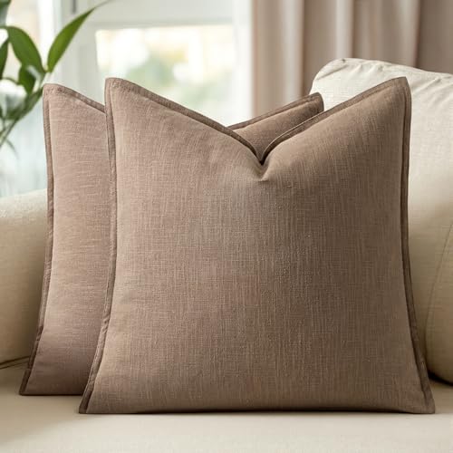 Image of 18x18 Inch Set of 2 Decorative Linen Solid Throw Pillow Covers Boho Accent Farmhouse Couch Pillowcases Modern Netural Home Decor for Couch Sofa Living Room Bed,Light Brown