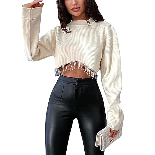 Mannjin Women's Rhinestone Fringe Top Long Sleeved Loose Fitting