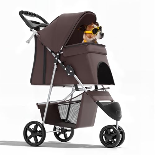 Image of Magshion 3-Wheel Pet Stroller, Foldable Travel Jogger for Small & Medium Dogs & Cats (Up to 33lbs), Lightweight Carrier with Breathable Mesh Cover, Cup Holder & Storage Basket, Coffee