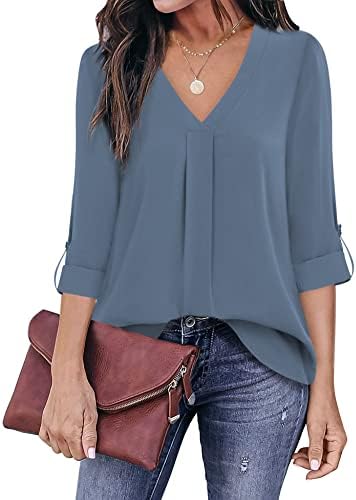 Youtalia Women 3/4 Sleeve Tops, Ladies Chiffon V Neck Blouse Pleated Curved Hem Casual Tunic Tops (XX-Large, Blue Grey)
