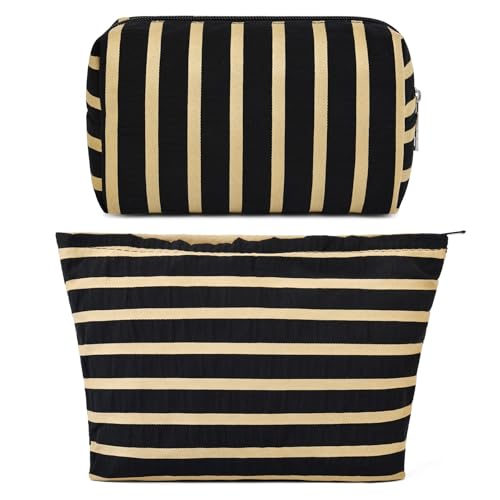 SOIDRAM 2 Pieces Makeup Bag Large Stripe Cosmetic Bag Capacity Canvas Mix Travel Toiletry Bag Organizer Cute Makeup Brushes Aesthetic Accessories Storage Bag for Women, Stripe Mix Black