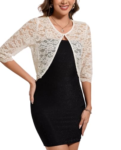 Image of MINTLIMIT Women's Elegant Floral Lace Shrug Bolero Summer Lightweight 3 /4 Sleeve Hook Open Front Cropped Cardigan for Dresses