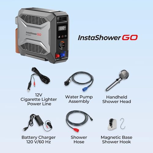 FOGATTI InstaShower GO, Portable Propane Tankless Water Heater 19,000 BTU, with 5000mAh Rechargeable Built-in Battery, DC 12V, Outdoor Camping Shower
