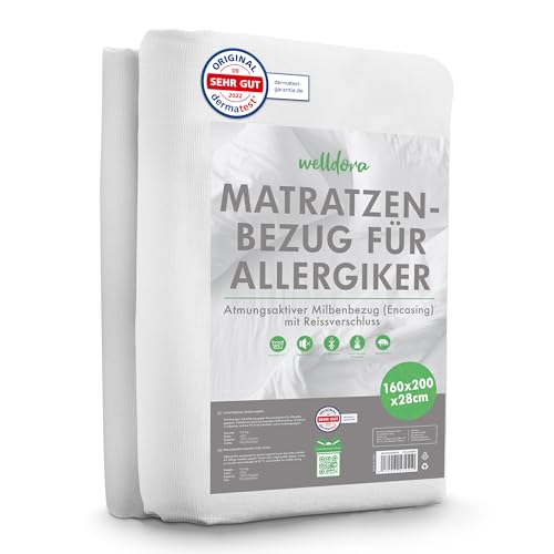 Welldora ǀ Premium Milbenbezug Matratzen 160x200x28 ǀ Allergiker Matratzenschoner fachärztlich getestet ǀ Encasing mit Reissverschluss ǀ Allergiker Bettwäsche