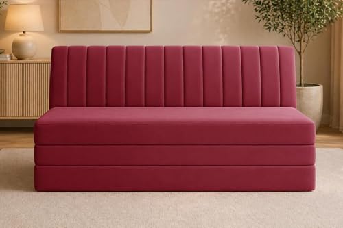 Image of Modern Velvet 3-Seater Sofa Cum Bed, Convertible Sleeper Couch Sofa for Living Room, Bedroom & Office- Red Color