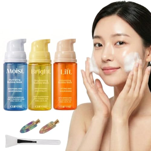 Beejong Curest Micro Bubble Mask - K-Beauty No-Wash Sheet-Free Luminous Glow - Hydrating Skincare Gift Set for Makeup Prep & Refreshing - 100 Uses 3.21oz/95ml (Ultimate Glow Trio Set + Brush)