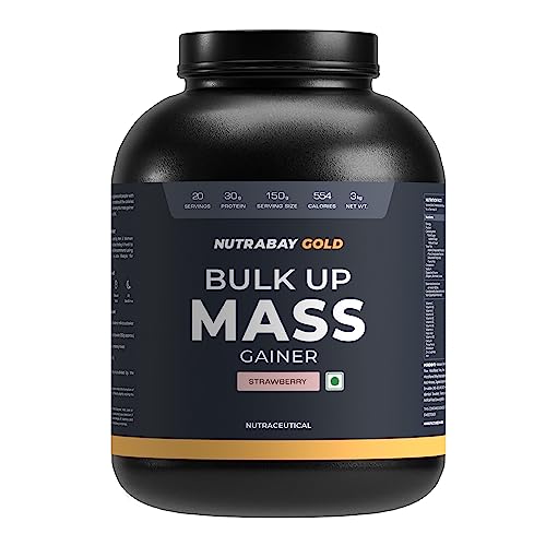 Image of Nutrabay Gold Bulk Up Mass Gainer Powder - 3kg, Strawberry | 30g Protein, 104g Carbs, 554 Calories | Easy to Digest | 100% Veg Muscle Building & Weight Gainer Supplement for Men & Women