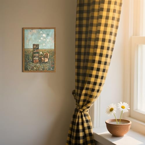 Image of Vintage Whimsical Book Lover Wall Art, Impressionist Flower Field Painting Decor, Rustic Book Nook Canvas Prints, Bookish Gifts French Country Artwork for Bedroom Living Room 16x12 inch Wood Framed