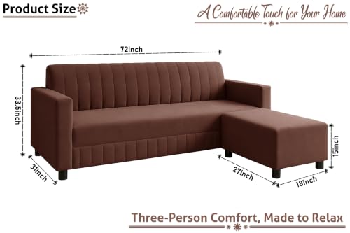 Image of 3 Seater Wooden Sofa with Ottoman | Modern Sofa Set for Living Room | Stylish Home Furniture Sofa with Comfortable Seating-Brown