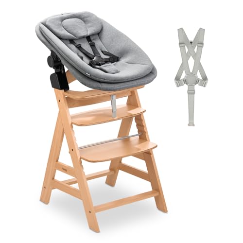 hauck Alpha Newborn Set Pro - Babyhochstuhl mit Newborn Aufsatz ab Geburt, Mitwachsender Holzhochstuhl aus Buche bis 90 kg mit 5 Punkt Gurt, Schrittgurt, Schutzbügel, Nature Grey
