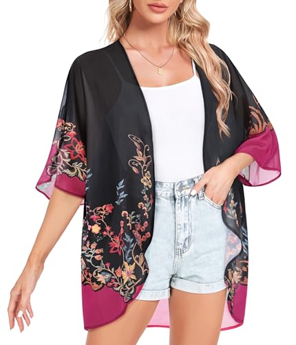 Image of Women Kimono Cardigans Casual Summer Tops Cover up Open Front Floral Print Resort Wear 2026
