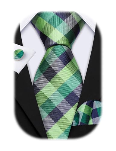 Image of Barry.Wang Designer Classic Ties for Men Set Formal Pocket Square Cufflink Check Plaid