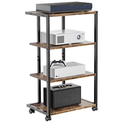 Aquzee AV Media Stand with Wheels, 4-Tier Game Console Shelf, Rolling Media Cart for Small Space, Stereo Racks and Stands, Ideal for Record Player, Game Console, DVD Player, and Projector, Wood