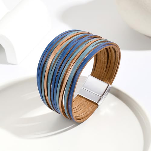 Image of Fesciory Leather Wrap Bracelets for Women, Boho Leopard Multi-Layer Crystal Beads Cuff Bracelet Jewelry