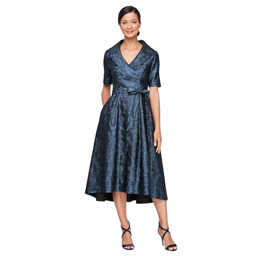 Alex Evenings Women's Portrait Collar Dress with Full Skirt, Pockets, and Tie Belt