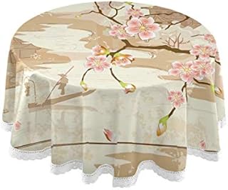 Mnsruu 60 Inch Round Japanese Village Fuji Mountain Cherry Blossom Tablecloth Table Cloth Cover Decorative Lace Macrame for Buffet Table, Party, Holiday Dinner
