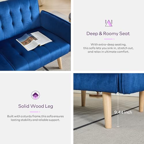 Image of TYBOATLE 62.99 inch W Velvet Modern Convertible Folding Futon Couch Sofa Bed w / 2 USB Charging Ports for Compact Living Space, Small Couches for Office, Dorm, RV Room, Apartment, Bedroom (Navy Blue)