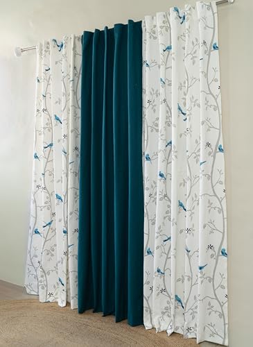 Image of Tranquebar Curtain Co. Window Curtains 5 Feet, 60-65% Room Darkening, Blue Bird Print, Cotton Curtains for Window,Cotton Curtains 5 Feet Set of 3,BackTab Loops,Design Yori Blue combo (152 cm)-Set of 3