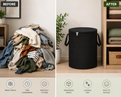 Image of Set of 2 Laundry Baskets with Zipper Lid & Handles Black, Foldable Laundry Hamper for Clothes Storage, Large Collapsible Laundry Bags for Bedroom Bathroom Dorm, Freestanding Organizer Bin