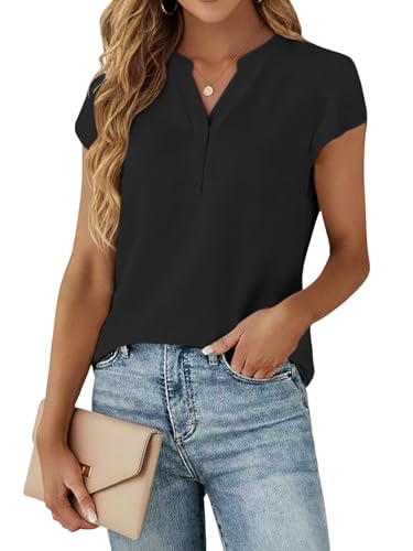 Cuptacc T Shirt Damen V-Ausschnitt Kurzarm Blusen Damen Sommer Elegant Chiffon Tunika Einfarbig Oberteile Schwarz, Groß L 42-44