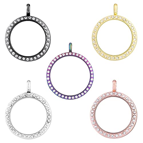 WANDIC Rhinestone Photo Charms, 5 Pieces Mixed Colors Round Memory Locket Pendant Bridal Wedding Bouquet Charms for Photo or Decoration, 30mm