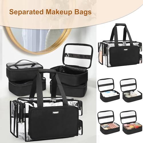 Image of Relavel Rolling Makeup Case with Large Clear Makeup Bags, Large Make Up Travel Organizer with 2 big Wheels, Professional Lockable Makeup Artist Backpack with Adjustable Dividers for Work - Black