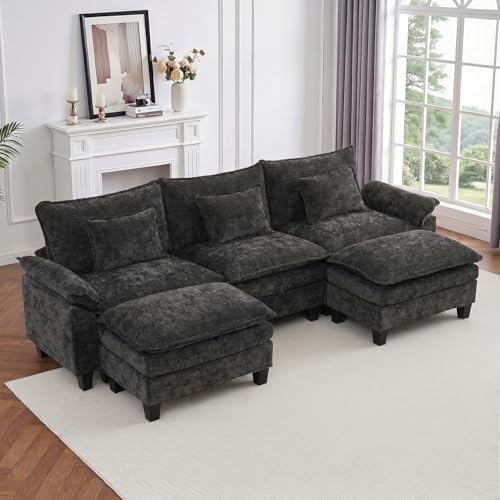 Image of IPKIG 117 inch Modular Cloud Couch with Storage, U Shaped Sectional Sofa with Ottoman & Pillow, Chenille Deep Seat Sectional Couches for Living Room, Apartment, Black