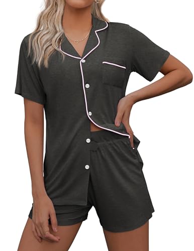 Image of Ekouaer Pajamas Set for Women Short Sleeve Sleepwear Button Down Pjs Soft 2 Piece Lounge Sets