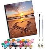 WANGWANGMIAO Malen Nach Zahlen Erwachsene, DIY Handgemalt Ölgemälde Kit für Anfänger und Erwachsene Mit 3-Pinseln und Acrylfarbe, 40X50CM (Sonnenuntergang Strand Herz),ohne Rahmen