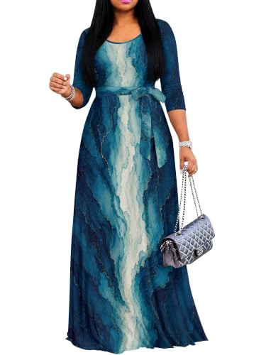 Image of Maxi Dress for Women with Sleeves, Empire Waist Dress | A-line shape, self-tie belt, side pockets and pull-on design; stretch fabric for church, work and casual wear