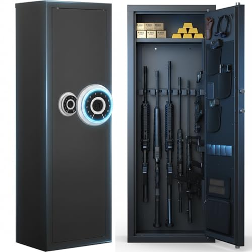 Dawmilon 10-12 Gun Safe, Biometric & Digital Keypad Quick Access Rifle Cabinet with 3 Adjustable Racks, Handgun Pockets, Heavy Duty Steel Security Box for Home Defense & Firearm Storage