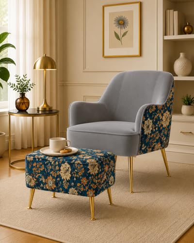 Image of Accent Chair with Ottoman | Modern Velvet Lounge Chair with Floral Designer Back | Upholstered Armchair for Living Room, Bedroom & Cafe | Golden Legs