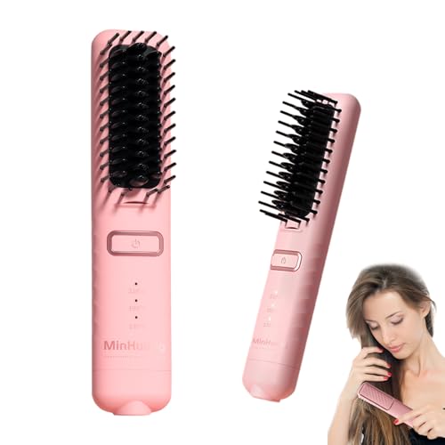 Cordless Hair Straightener Brush,USB Rechargeable Ionic Smoothing Heated Styling Hairbrush,Cordless Hair Styler Portable Hot Brush, Suitable for Women's Travel (Pink)