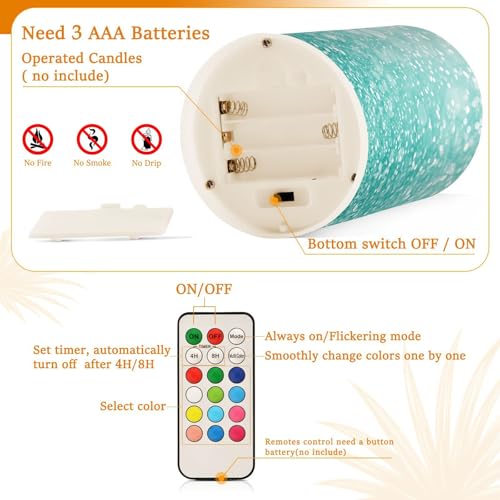 Image of Eionryn Turquoise Aqua Glitter Flameless Candles Teal Mint Sparkle Battery Operated LED Candles with Remote Timer Electric Candles for Home Party Decor 2pcs