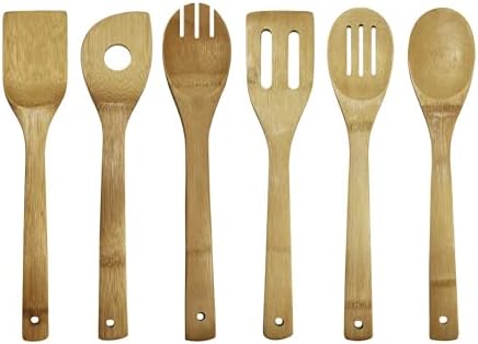 Bombay 7 Piece Bamboo Utensil Set- Comes with wooden spoons, spatulas, spreaders, and holder-Beautiful Kitchen Decoration or Gift