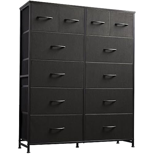 WLIVE 12 Drawer Tall Black Fabric Dresser Bedroom Storage Chest