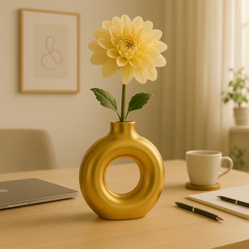 Image of Amazon Basics Artisan Crafted Ceramic Donut Shaped Vase for Unique Home Decor (9L cm x 4W cm x 16H cm) - Pack of 1, Gold