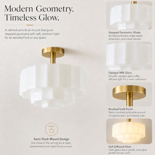 Bofea-13.8'' Vintage Milk Glass Semi Flush Mount Ceiliing Light,Brass by Bofea - Used condition - Image 4