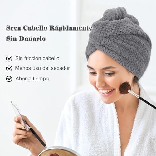 Miniatura 5 de Freatech 3 Piezas Toalla Microfibra Pelo, Toallas Para Secar El Pelo Sin Encrespamiento, Menos Secado Con Secador, Turbante Pelo Suave Y Absorbente Con 3 Botones Para Cabello Largo, Rizado Y Grueso