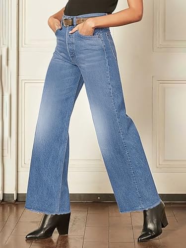 Women's Mid Rise Straight Leg Jeans - Washed Stretch Denim with Slant Pockets, Loose Comfort Fit（Runs Small）