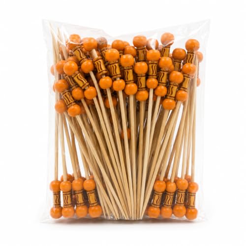 Image of Somani Decorative Bamboo Cocktail Picks Orange Bead | Double Ball Topper Fancy Food Picks for Appetizers, Drinks & Garnish | Cafe, Lounge, Bakery, Catering & Home Entertaining | Pack of 100