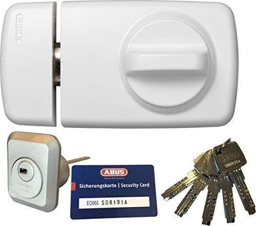 ABUS Tür-Zusatzschloss 7010 W weiß, EC660, Kastenschloss mit Drehknauf, mit 5 Schlüssel und Sicherungskarte, Ausführung EK (Metallausführung)