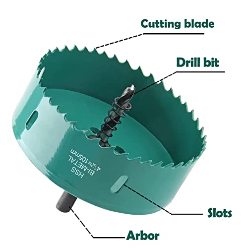 Image of 4-1 /8 Inch / 105mm Hole Saw with Arbor, 4.125 Inch Hole Saw HSS Bi-Metal Hole Cutter Smoothly Cutting in Cornhole Boards, Plastic, Wood, Fiberboard, Drywall