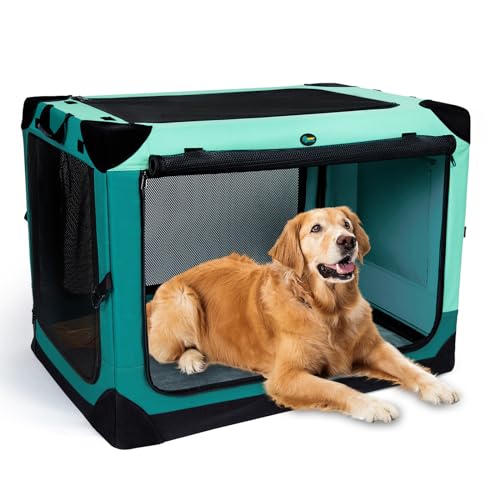 Ownpets 4 Door Folding Dog Crate, 106.5x78.5x78.5CM, Portable Pet Crate with Strong Yet Lightweight Steel Frame for Dogs & Cats, Detachable Soft Dog Kennel for Camping,X-Large