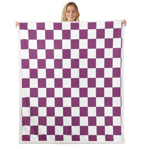 Image of Erosebridal Girls Purple Checkered Fleece Bed Blanket White Lavender Buffalo Plaid Grid Throw Blanket Queen 90 inchX90 inch,Checkerboard Sherpa Blanket for Kids Teen Women Geometrical Gingham Fuzzy Blanket