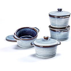 Mini Cazuelas Con Tapa Mini Cocotte, Moldes de Gres con Tapa y Asas, Juego de 4 Platos para Horno de Cazuela para Creme Brulee Soufflé, Aptos para Horno, Cuencos para Moldes - Azul