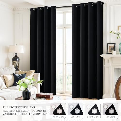 Yakamok 100% Blackout Curtains Black Room Darkening Thermal Insulated Window Curtain with 2 Thick Layers-Set of 2 Panels Grommet Top Drapes for Bedroom Living Room 38 Inches by 84 Inches Length