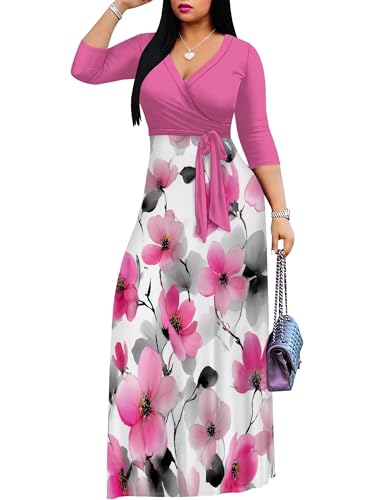 Image of SUZONANA Plus Size Dresses for Women Floral Print Maxi Dress Flowy 3 /4 Sleeve with Belt