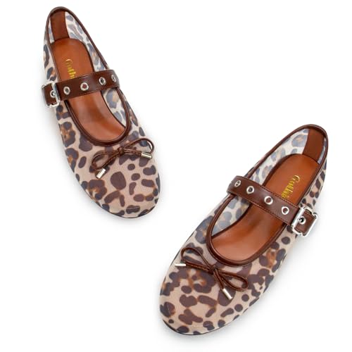 Image of Gothictor Women's Mesh Ballet Flats Round Toe Leopard Mary Jane Shoes Women | Cushioned Comfort, Easy to Style, Buckle Strap, Cheetah Print, Ballerina, Breathable, Lightweight, Dressy Casual, Non-Slip