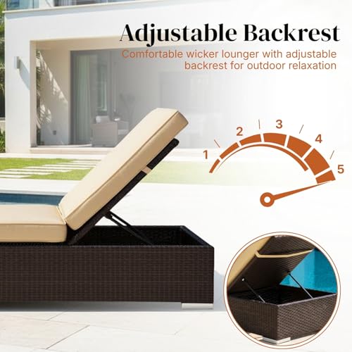 Image of DEVOKO Outdoor Rattan Wicker Sun Lounger Recliner for All Weather Comfort with Durable Metal Frame Ideal for Garden, Deck, Lawn, Poolside (Dark Brown & Cream)